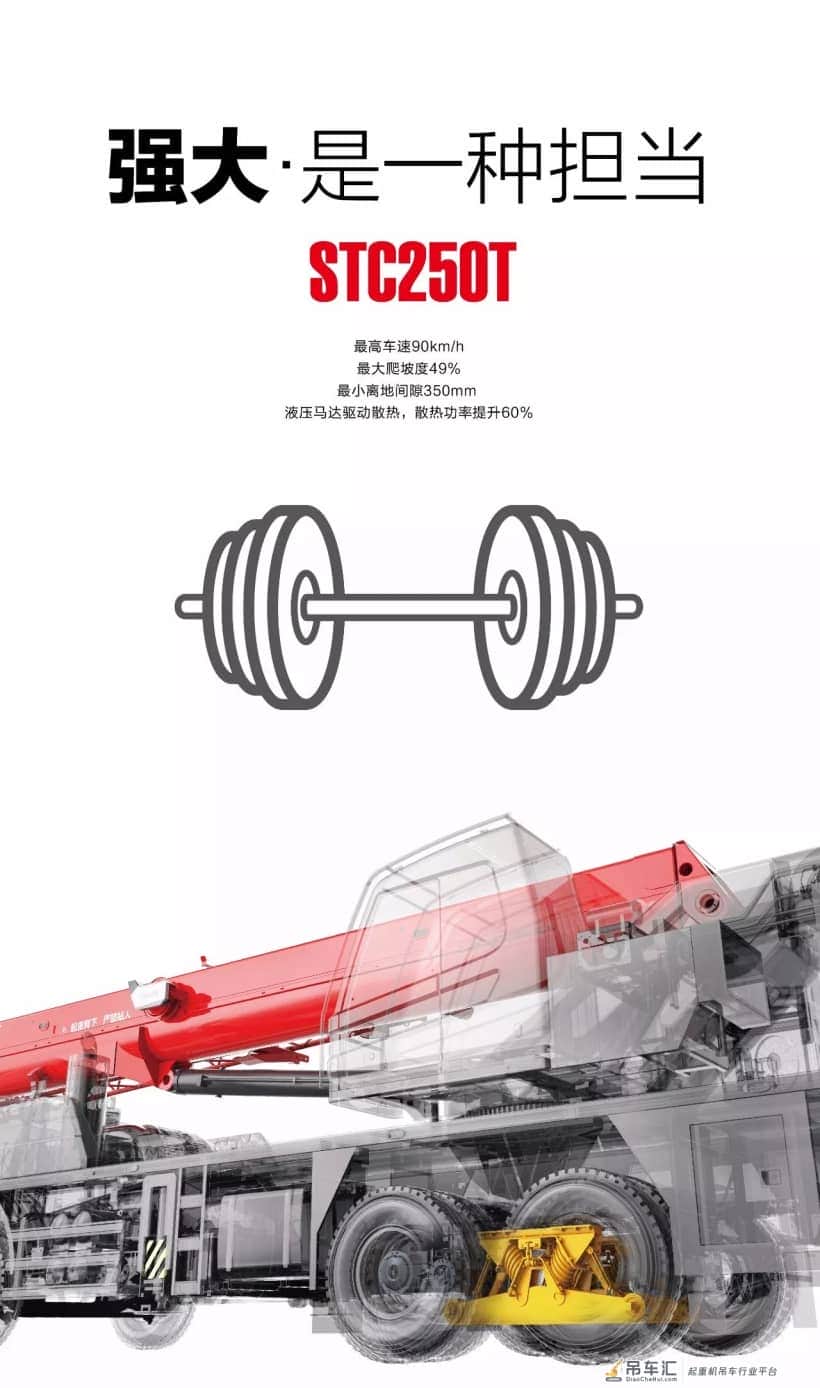 红色小钢炮STC250T发布!5截U型42.5米臂/自重34t/配重5.9t