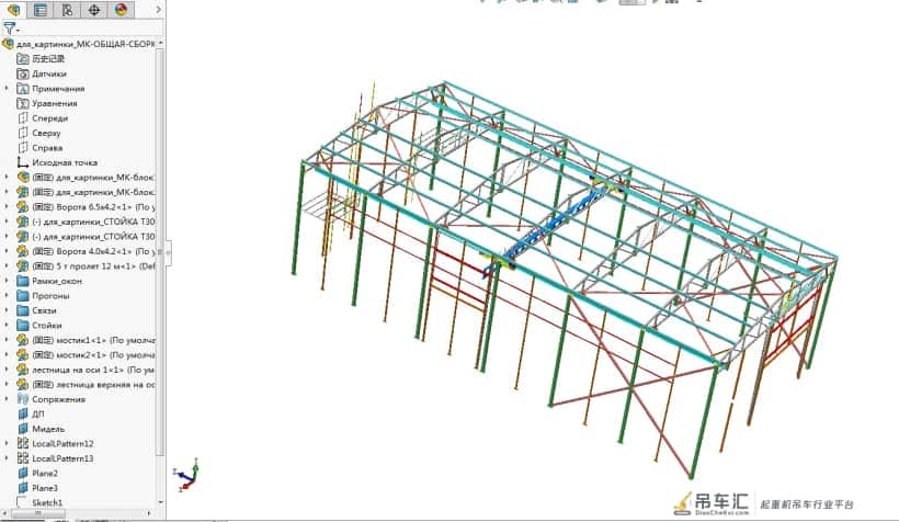 带吊车架的厂房框架3D模型图纸 Solidworks设计