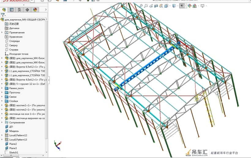 带吊车架的厂房框架3D模型图纸 Solidworks设计