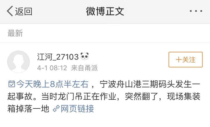 宁波舟山港一龙门吊倒塌 集装箱掉了一地 事故原因仍在调查