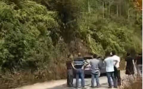 下营往桂东场方向一小车跌入山坡，只能出动吊车