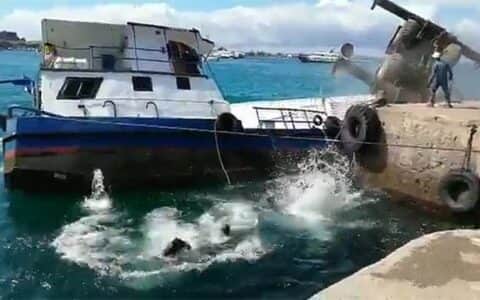 起重机吊装失衡坠入大海 600加仑柴油泄漏引发担忧 政府：可控