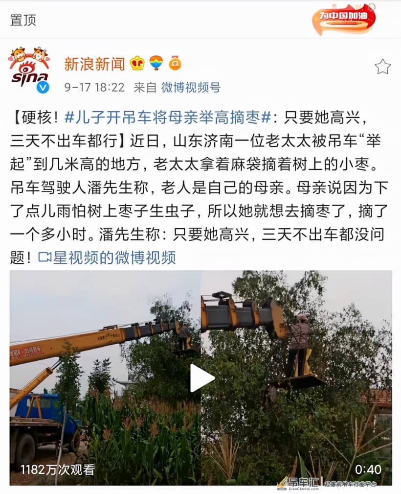 “儿子开吊车将母亲举高摘枣”：当他们笑了，你才真的孝了